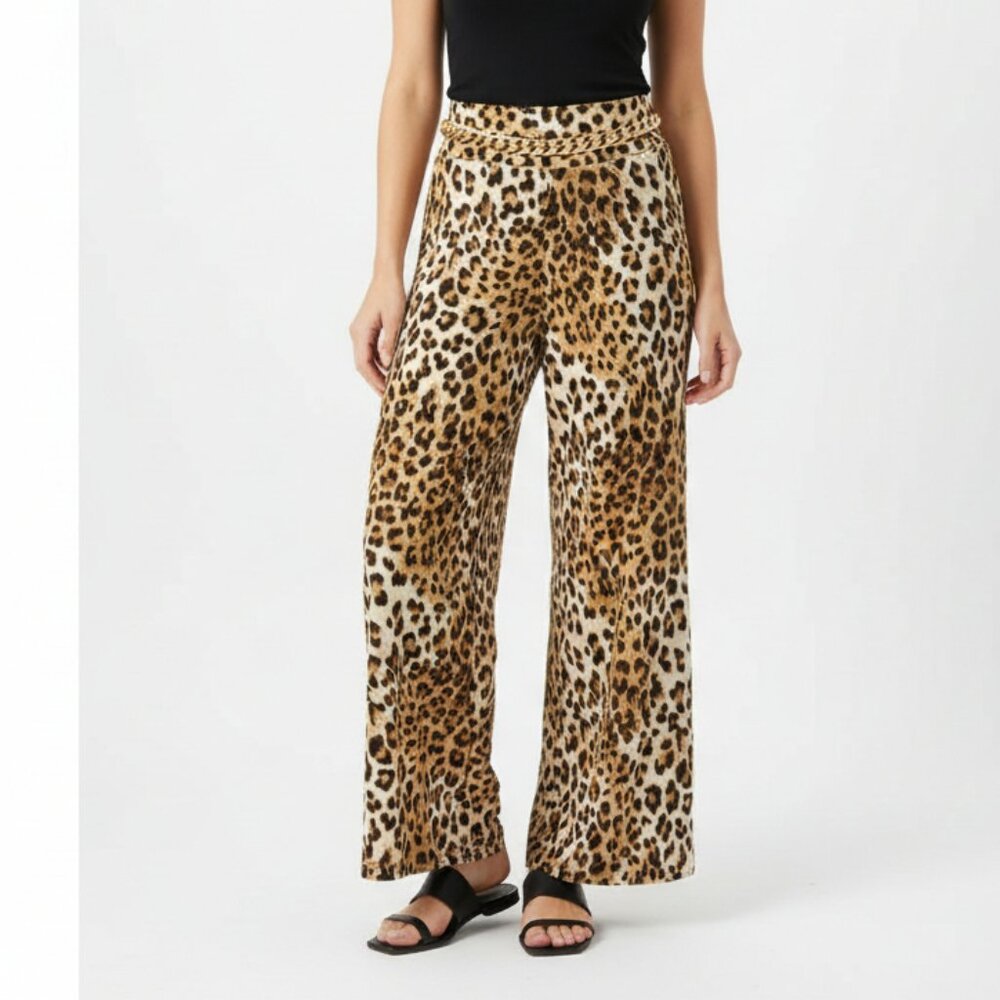 Hershe Brown & Black Animal Print Palazzo Wide Hem Leg Pants M